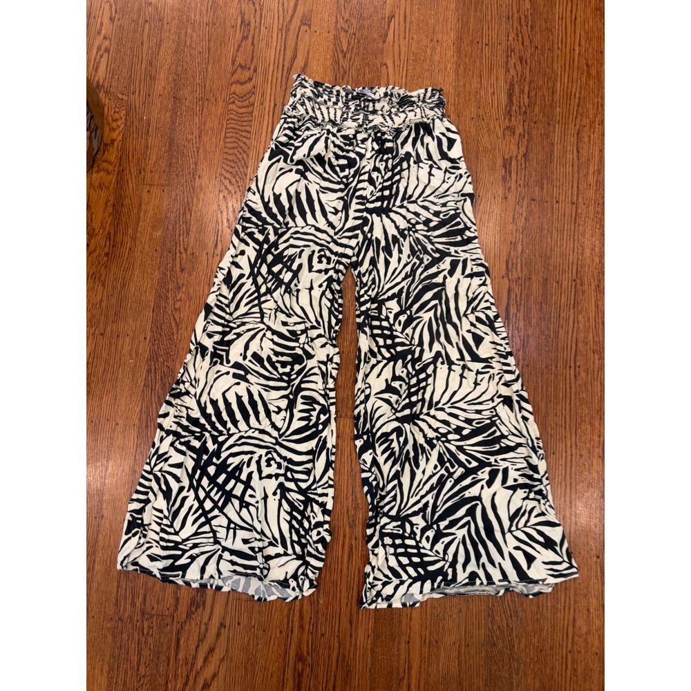 Patrons of Peace Tropical Leaf Wide Leg Palazzo Pants Black Cream Medium